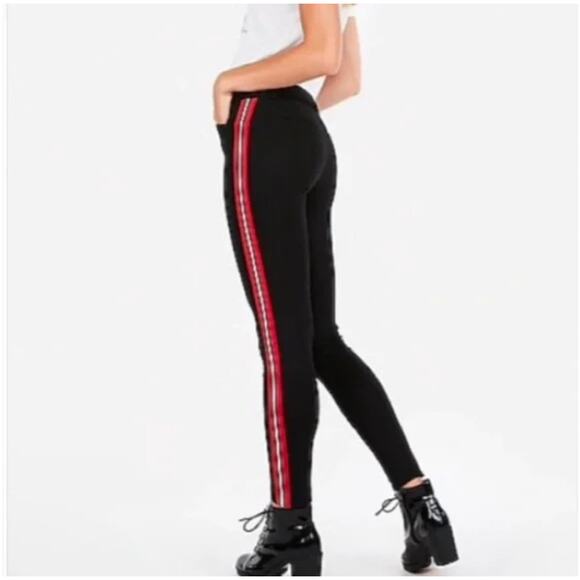 Express Women’s Black Red Racing Stripe Skinny Mid Rise Stretch Pants Size 2R - Picture 2 of 9